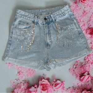 SHEIN Blue and Silver Embellished Jean Shorts
